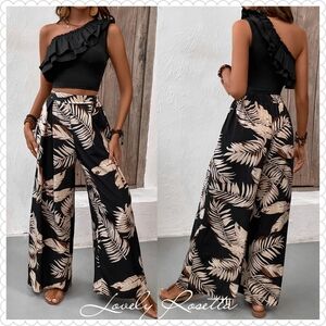 Black Tropical Print Women's Top and Pants Set